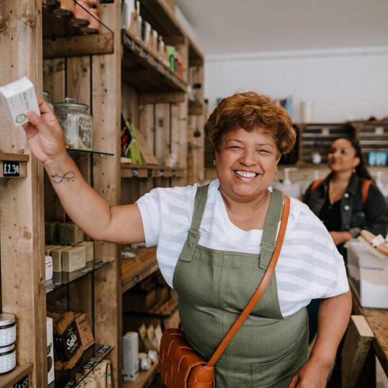 Woman shopping and smiling