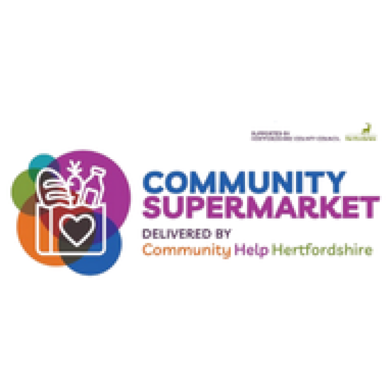 Community Supermarket logo - delivered by Community Help Hertfordshire and supported by Hertfordshire County Council